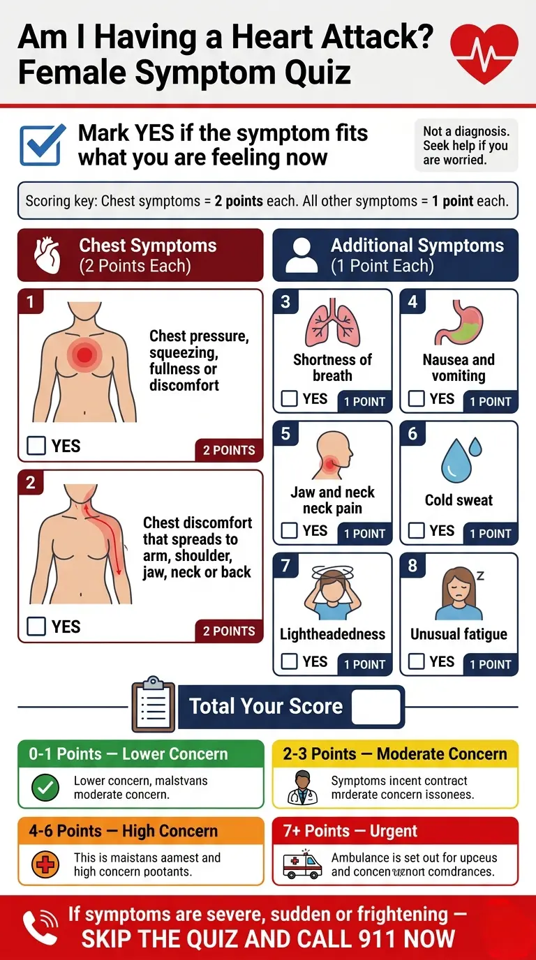 Am I having a heart attack female quiz — how to interpret your symptom score