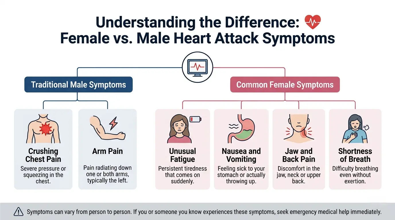 Am I having a heart attack female — symptom comparison diagram: women vs men